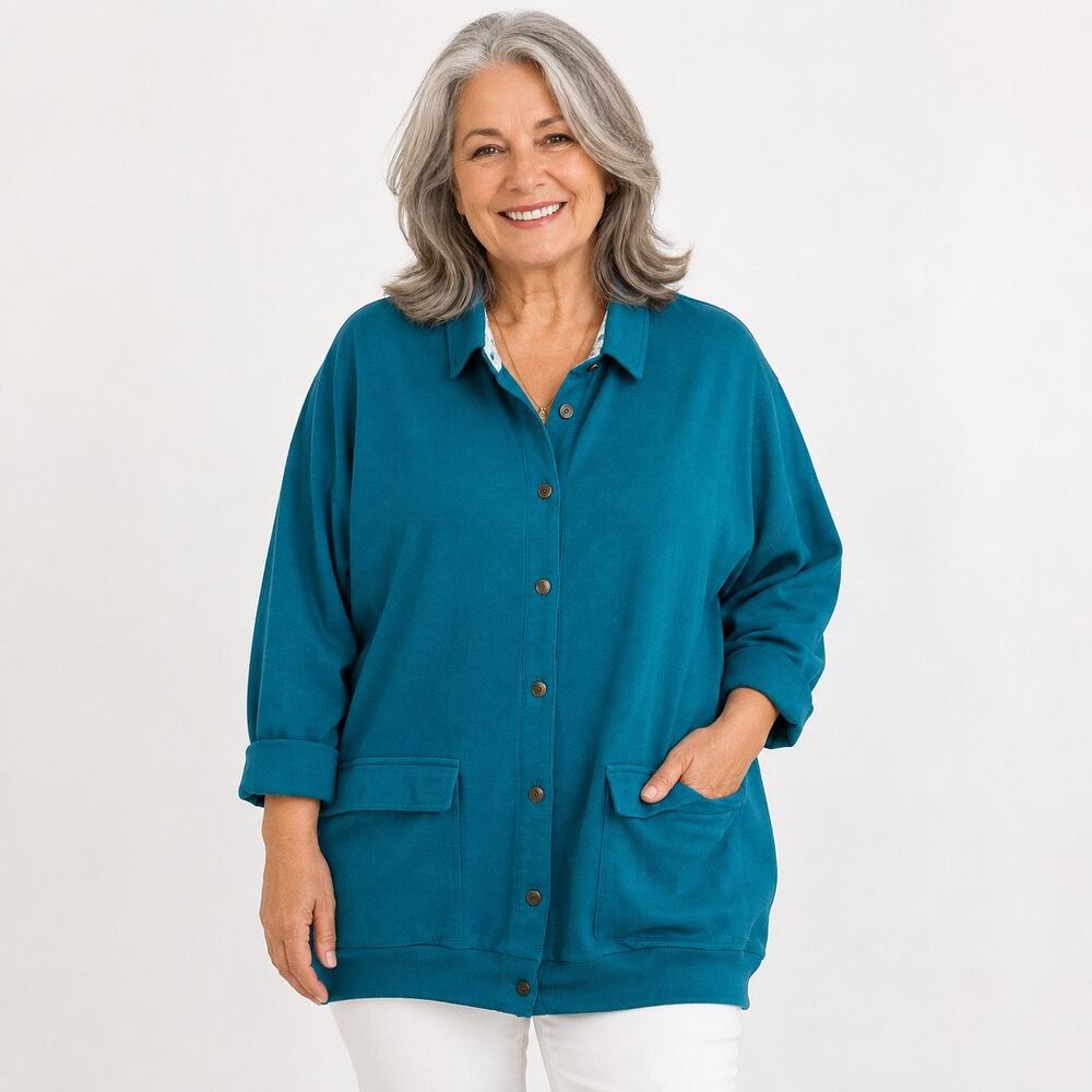 Gloria Vanderbilt Activewear Womens Jacket Oversized Button Down Teal OS